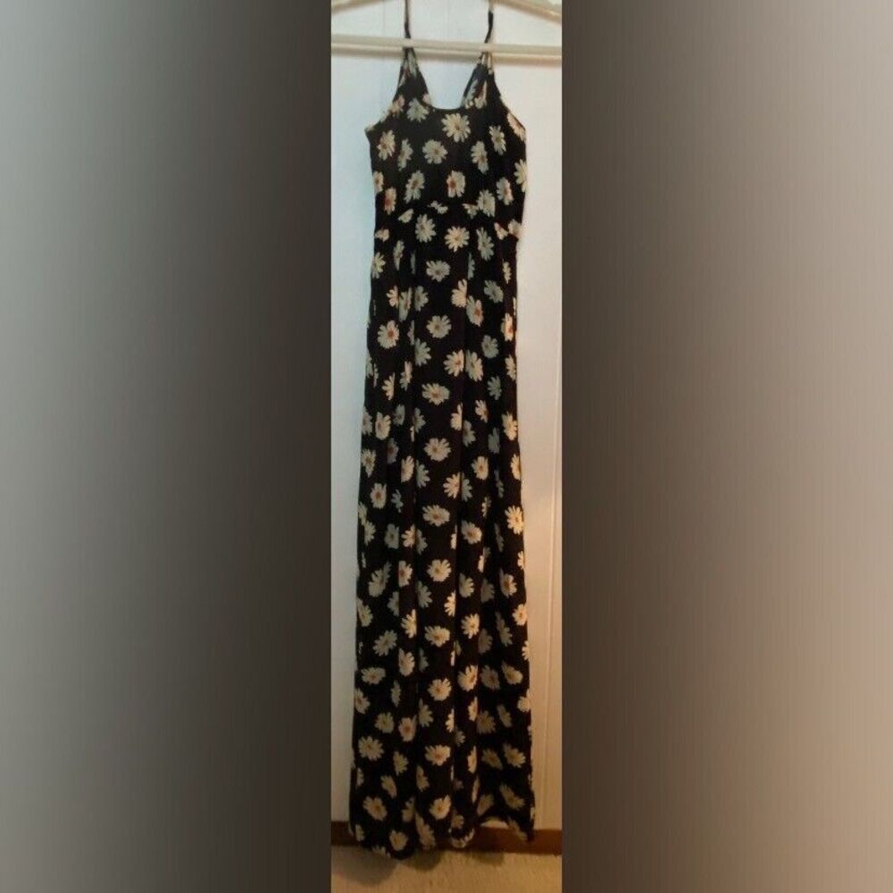 Altar’d State Dress Women’s XS Black Floral Maxi Silky Spaghetti Straps Boho